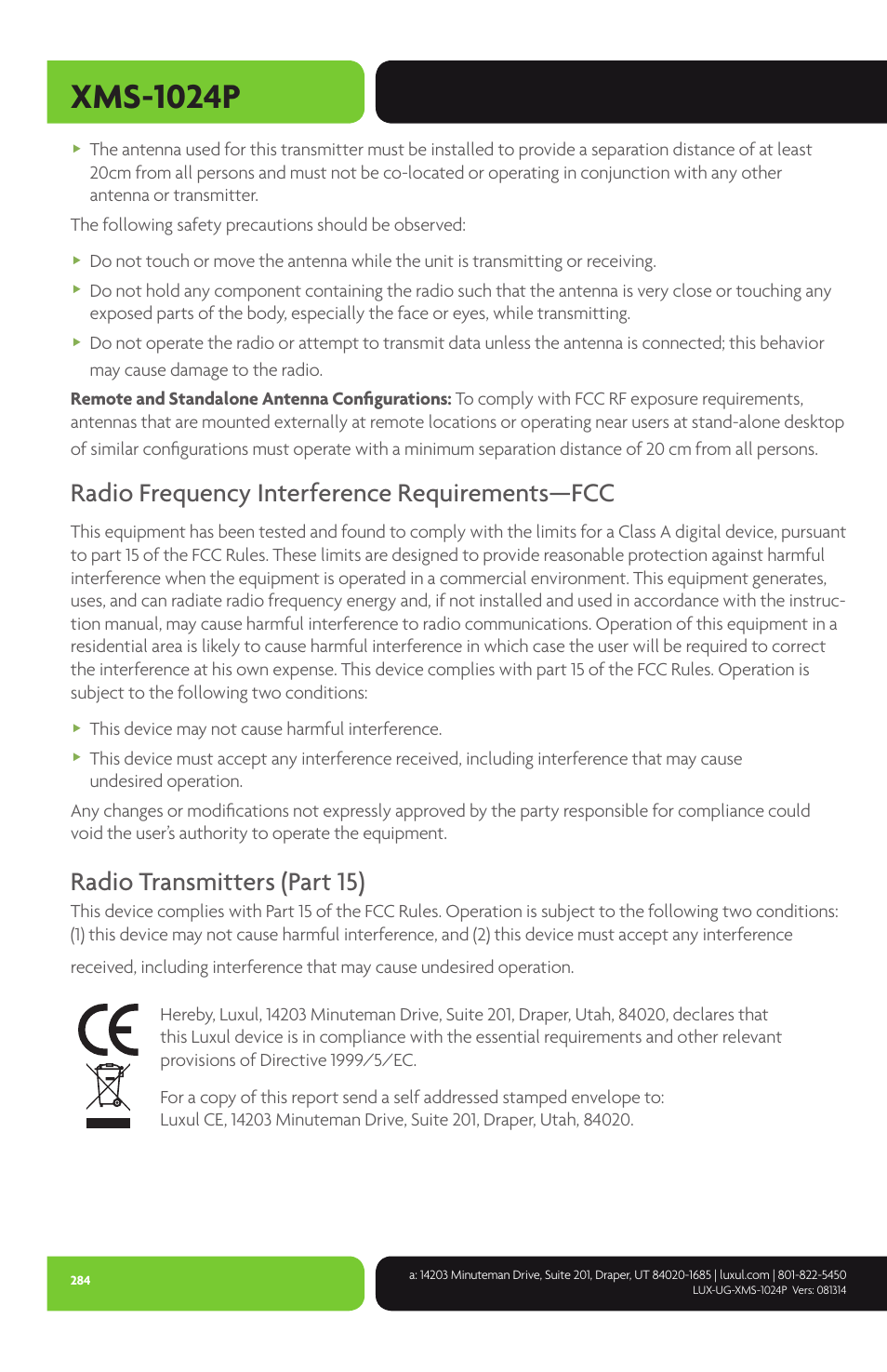 Xms-1024p, Radio frequency interference requirements—fcc, Radio transmitters (part 15) | Luxul XMS-1024P User Manual | Page 284 / 292