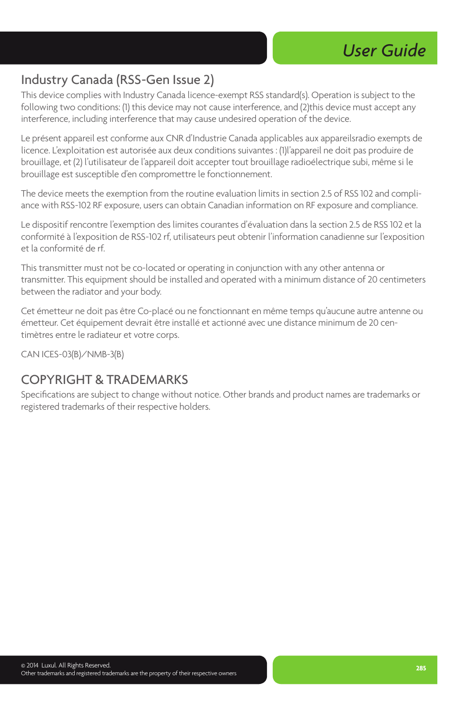 User guide, Industry canada (rss-gen issue 2), Copyright & trademarks | Luxul XMS-1024P User Manual | Page 285 / 292