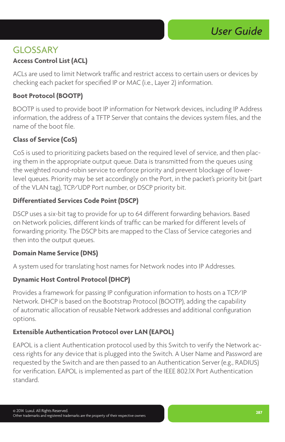 User guide, Glossary | Luxul XMS-1024P User Manual | Page 287 / 292