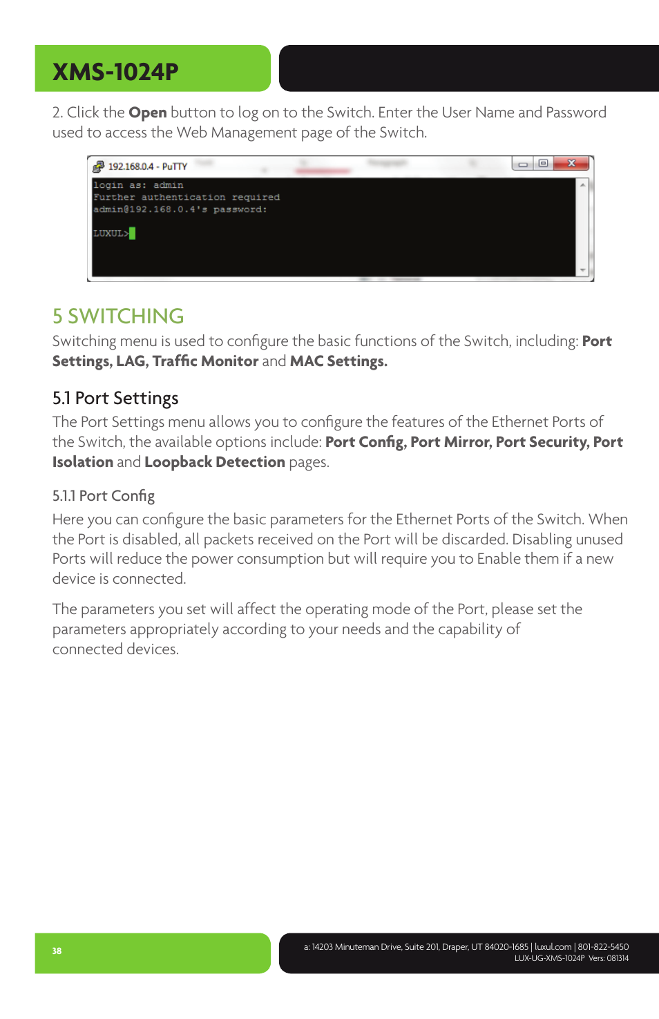 Xms-1024p, 5 switching, 1 port settings | Luxul XMS-1024P User Manual | Page 38 / 292