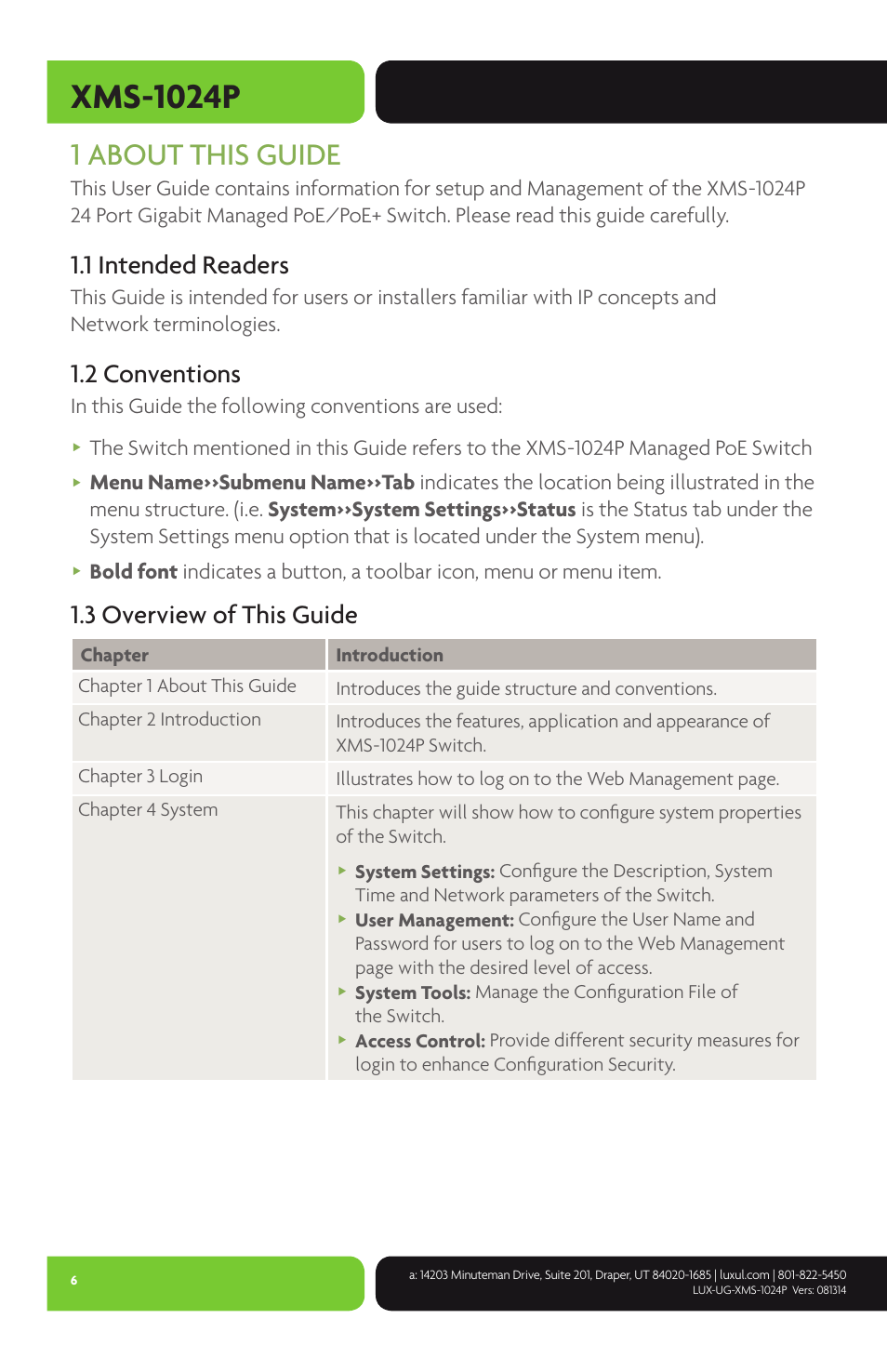 Xms-1024p, 1 about this guide, 1 intended readers | 2 conventions, 3 overview of this guide | Luxul XMS-1024P User Manual | Page 6 / 292