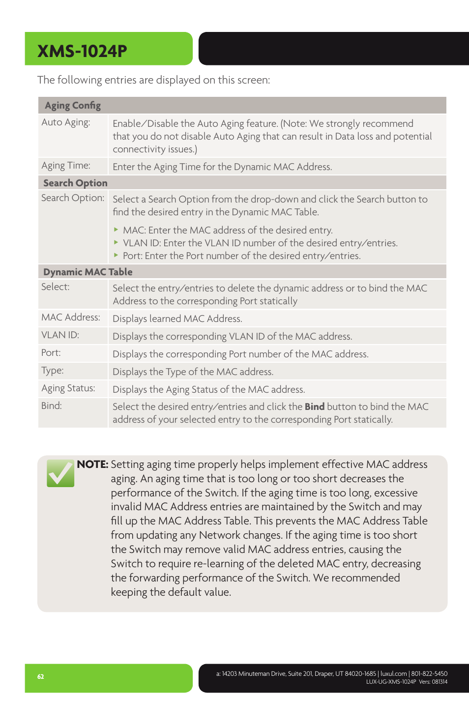 Xms-1024p, The following entries are displayed on this screen | Luxul XMS-1024P User Manual | Page 62 / 292