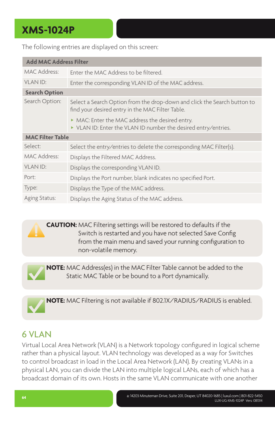 Xms-1024p, 6 vlan | Luxul XMS-1024P User Manual | Page 64 / 292