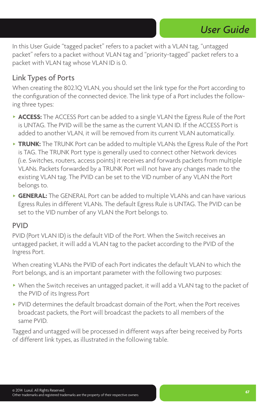 User guide, Link types of ports, Pvid | Luxul XMS-1024P User Manual | Page 67 / 292