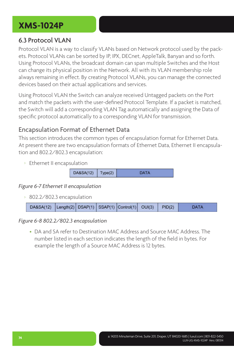 Xms-1024p, 3 protocol vlan, Encapsulation format of ethernet data | Ethernet ii encapsulation, Figure 6-7 ethernet ii encapsulation | Luxul XMS-1024P User Manual | Page 74 / 292