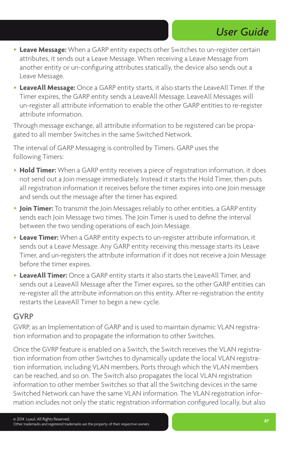 User guide, Gvrp | Luxul XMS-1024P User Manual | Page 87 / 292