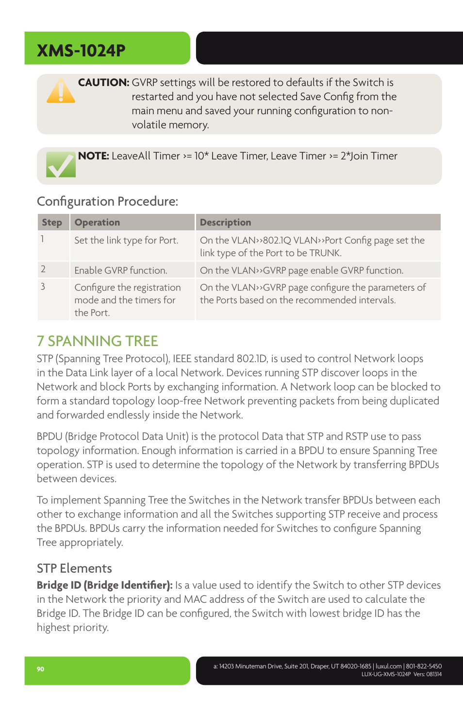 Xms-1024p, 7 spanning tree, Configuration procedure | Stp elements | Luxul XMS-1024P User Manual | Page 90 / 292