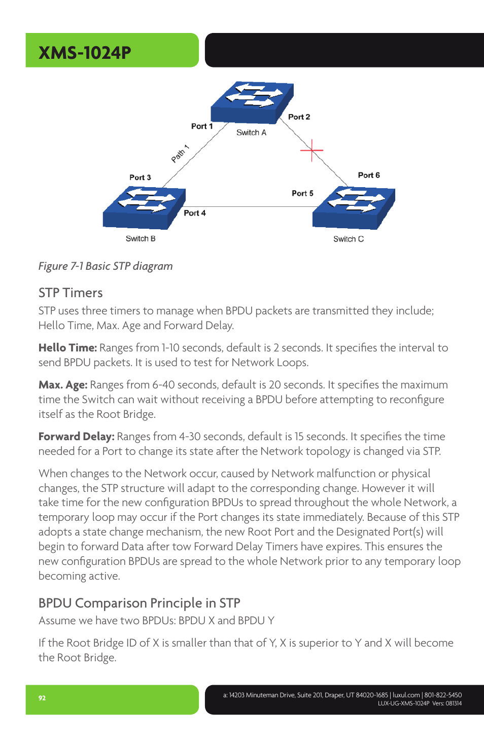 Xms-1024p, Stp timers, Bpdu comparison principle in stp | Luxul XMS-1024P User Manual | Page 92 / 292