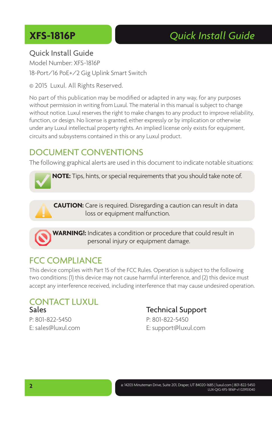 Quick install guide xfs-1816p, Document conventions, Fcc compliance | Contact luxul | Luxul XFS-1816P User Manual | Page 2 / 8