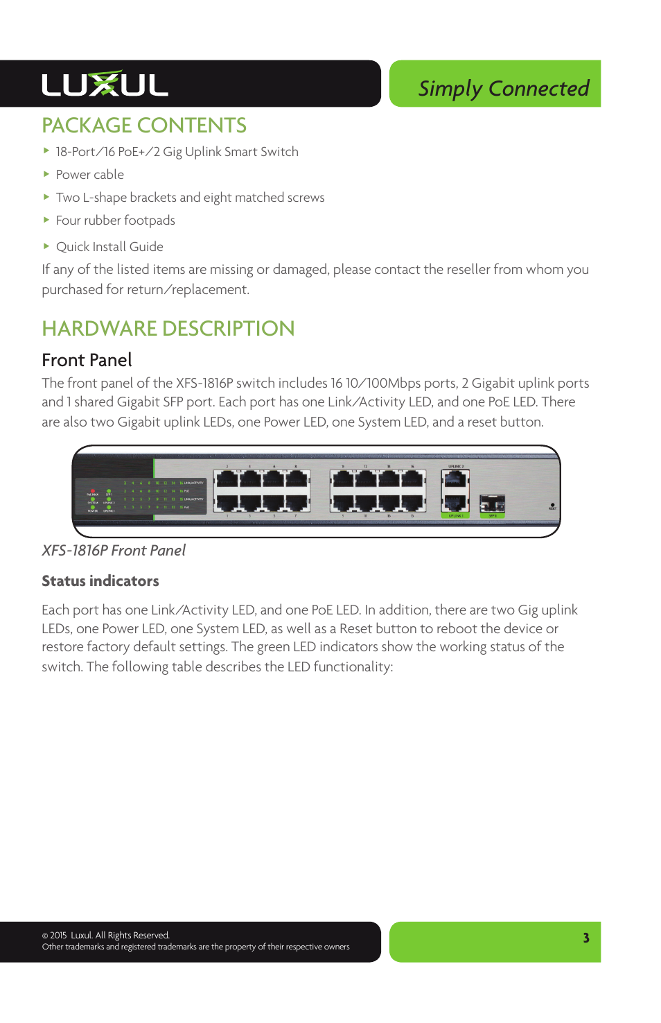 Simply connected, Package contents, Hardware description | Front panel, Xfs-1816p front panel status indicators | Luxul XFS-1816P User Manual | Page 3 / 8