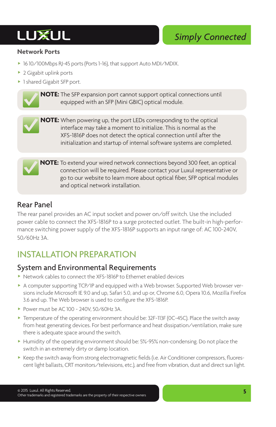 Simply connected, Installation preparation, Rear panel | System and environmental requirements, Network ports | Luxul XFS-1816P User Manual | Page 5 / 8