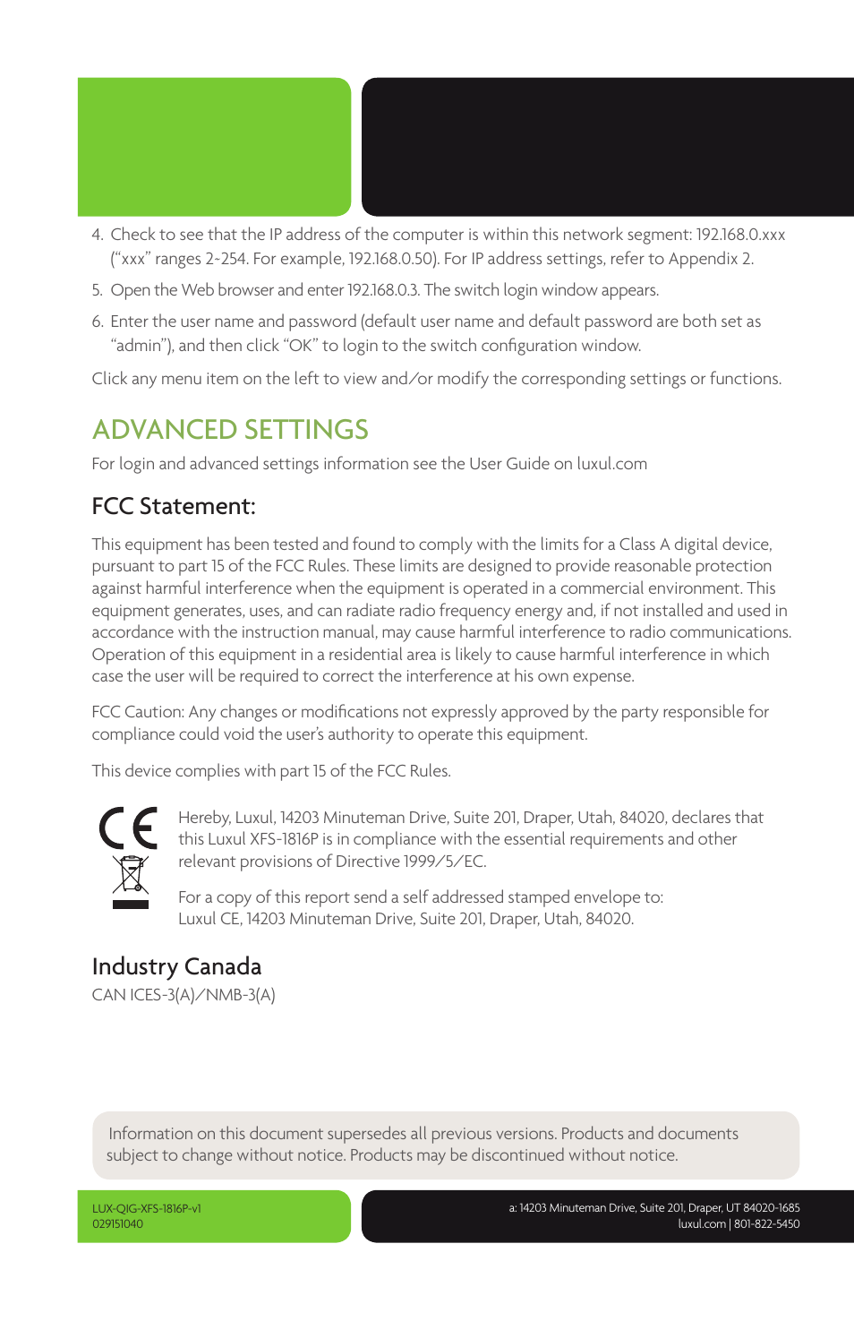 Advanced settings, Fcc statement, Industry canada | Luxul XFS-1816P User Manual | Page 8 / 8