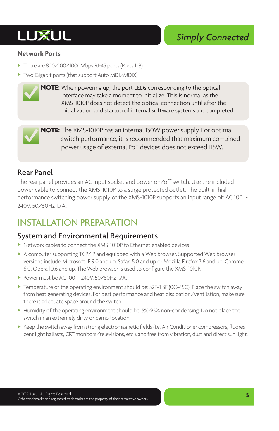 Simply connected, Installation preparation, Rear panel | System and environmental requirements, Network ports | Luxul XMS-1010P User Manual | Page 5 / 8