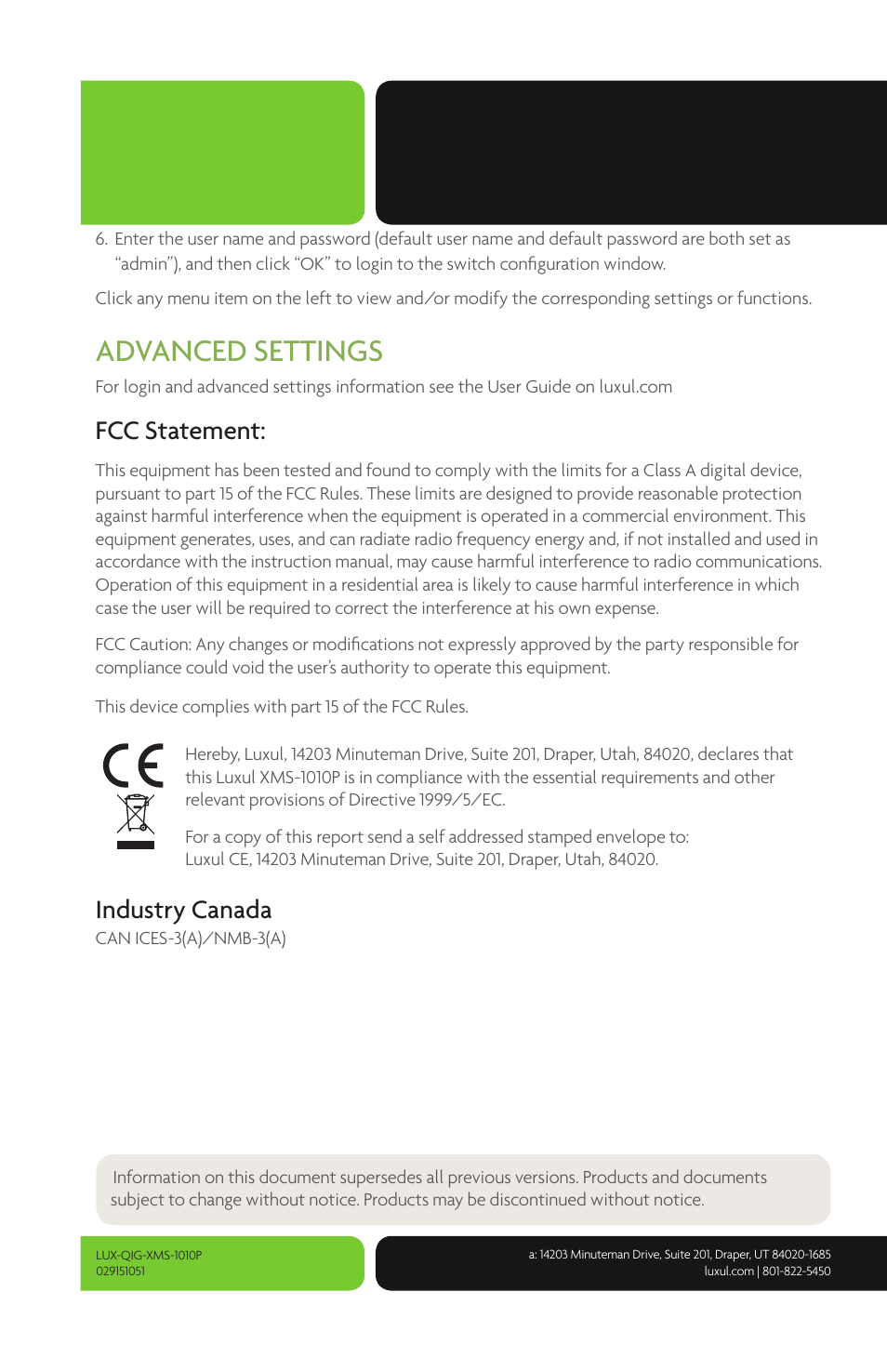 Advanced settings, Fcc statement, Industry canada | Luxul XMS-1010P User Manual | Page 8 / 8