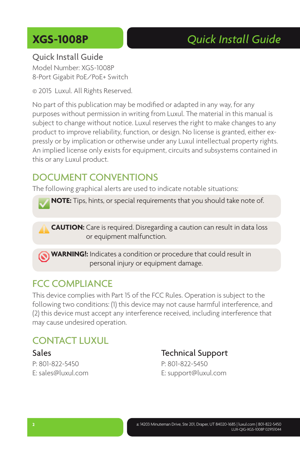 Quick install guide xgs-1008p, Document conventions, Fcc compliance | Contact luxul | Luxul XGS-1008P User Manual | Page 2 / 8