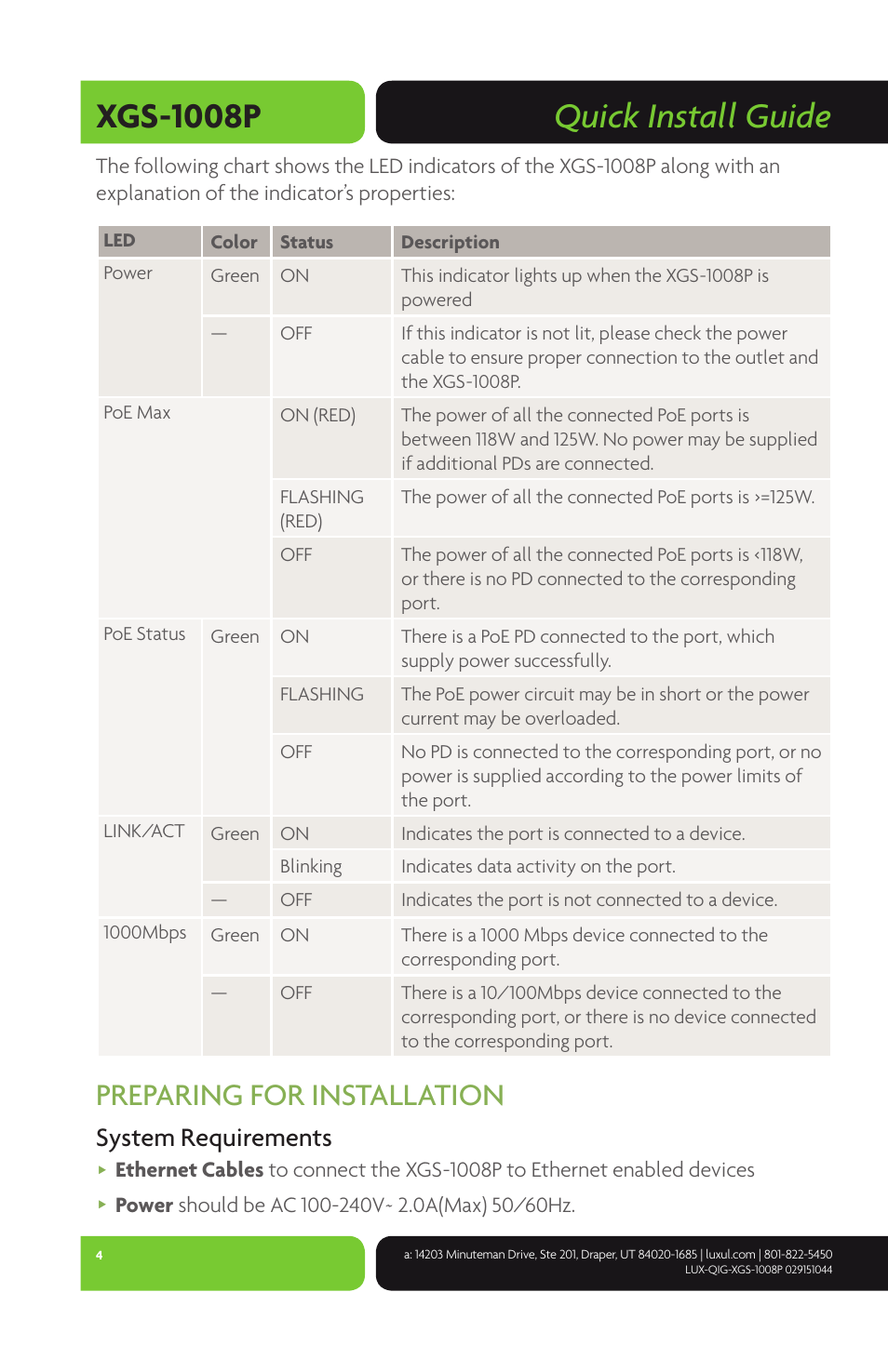 Quick install guide xgs-1008p, Preparing for installation, System requirements | Luxul XGS-1008P User Manual | Page 4 / 8