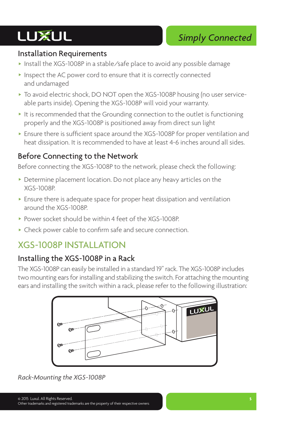 Simply connected, Xgs-1008p installation, Installation requirements | Before connecting to the network, Installing the xgs-1008p in a rack | Luxul XGS-1008P User Manual | Page 5 / 8