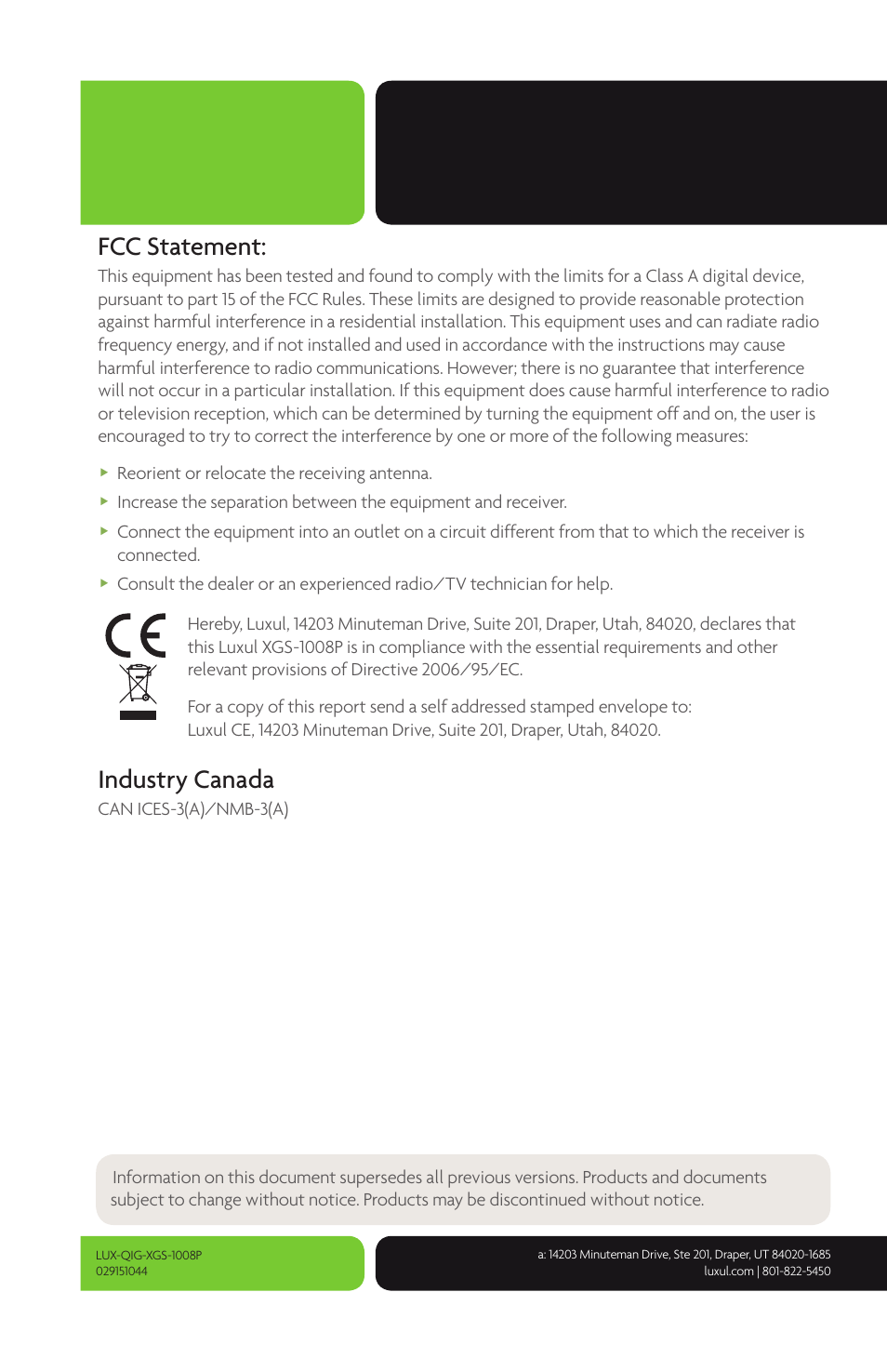 Fcc statement, Industry canada | Luxul XGS-1008P User Manual | Page 8 / 8