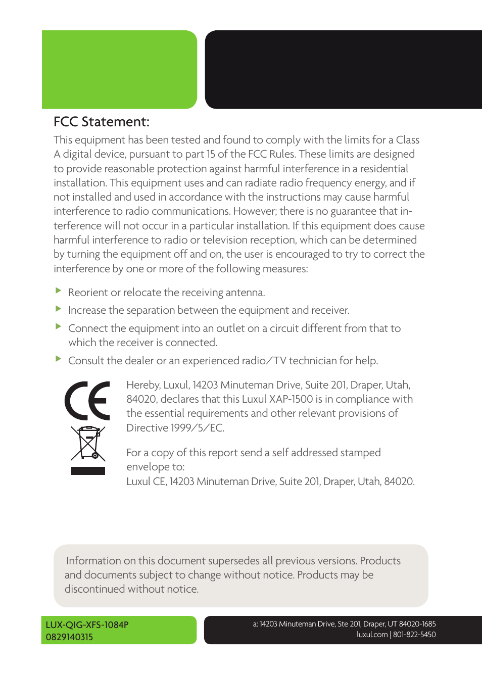 Fcc statement | Luxul XFS-1084P User Manual | Page 10 / 10