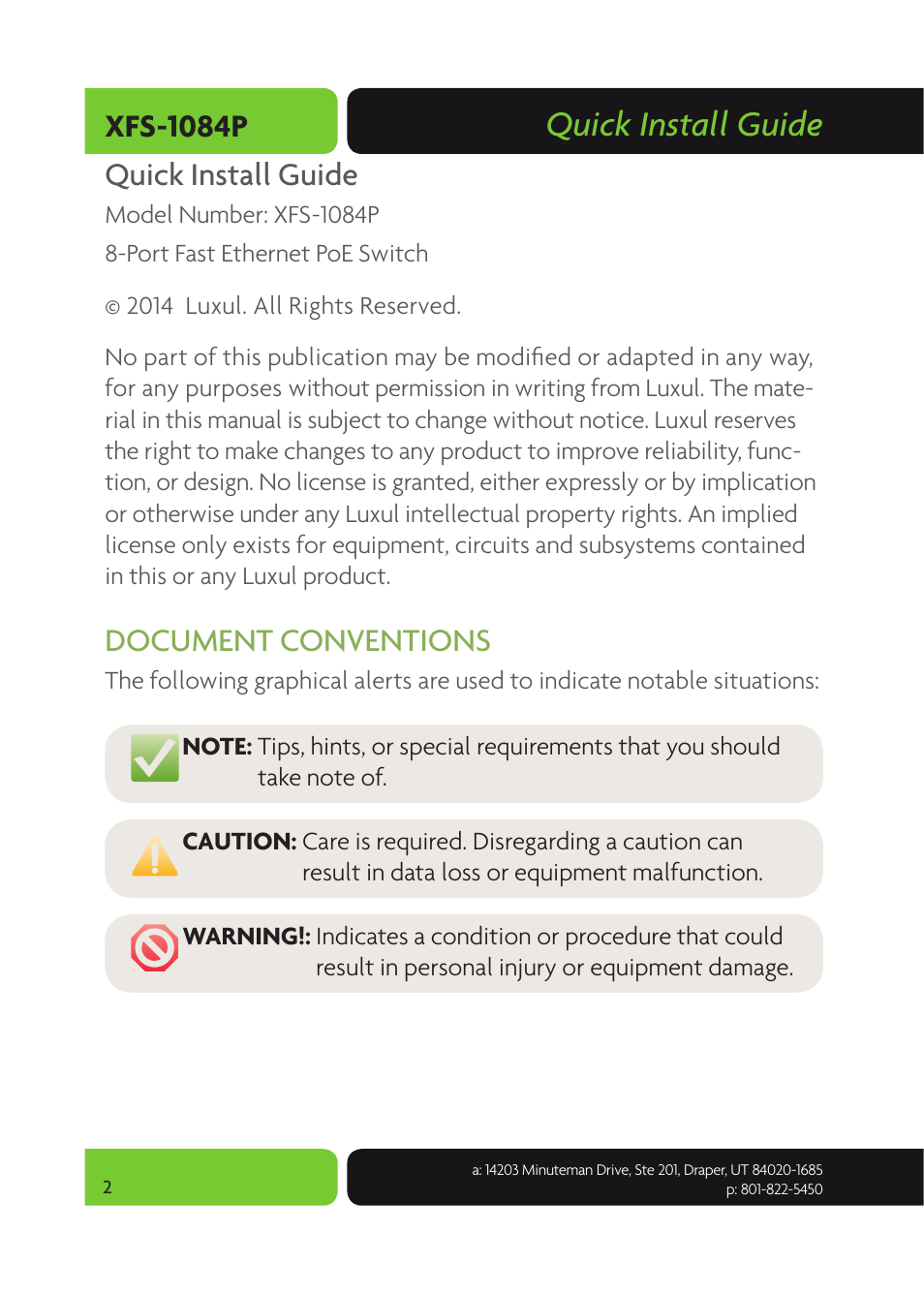 Quick install guide, Xfs-1084p quick install guide, Document conventions | Luxul XFS-1084P User Manual | Page 2 / 10