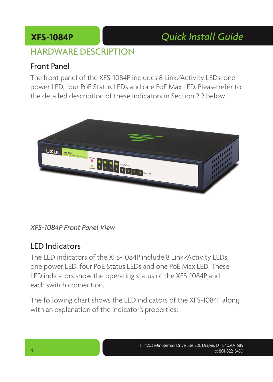 Quick install guide, Xfs-1084p hardware description | Luxul XFS-1084P User Manual | Page 4 / 10