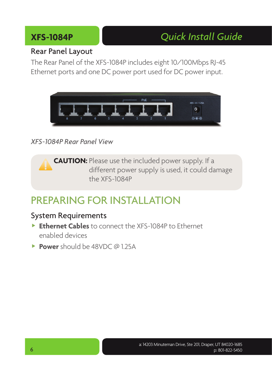 Preparing for installation, Quick install guide, Xfs-1084p | Rear panel layout, System requirements | Luxul XFS-1084P User Manual | Page 6 / 10