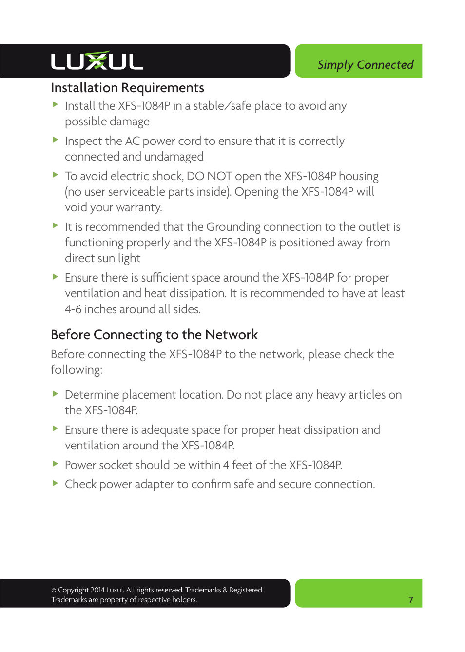 Installation requirements, Before connecting to the network, Simply connected | Luxul XFS-1084P User Manual | Page 7 / 10