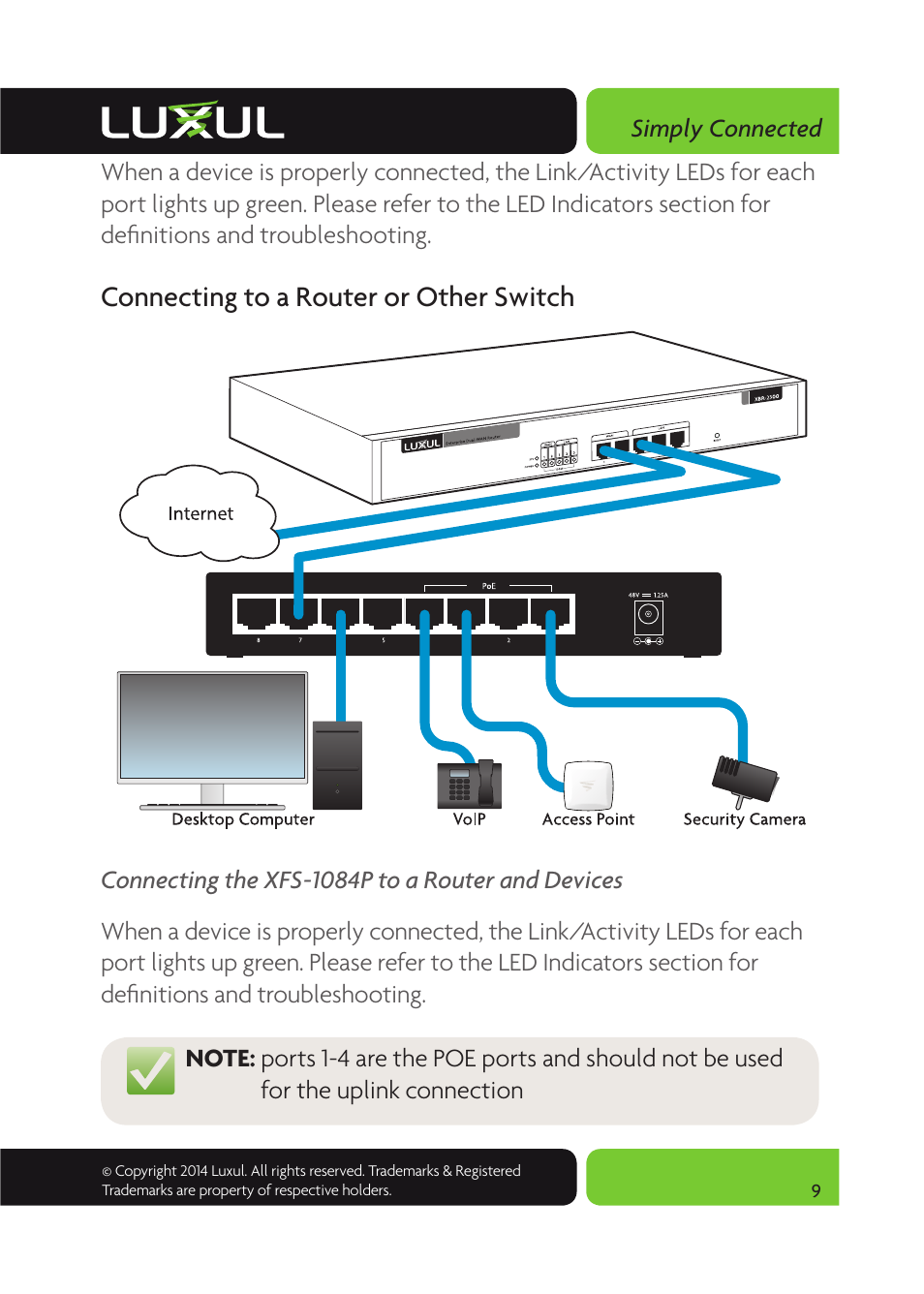 Connecting to a router or other switch | Luxul XFS-1084P User Manual | Page 9 / 10