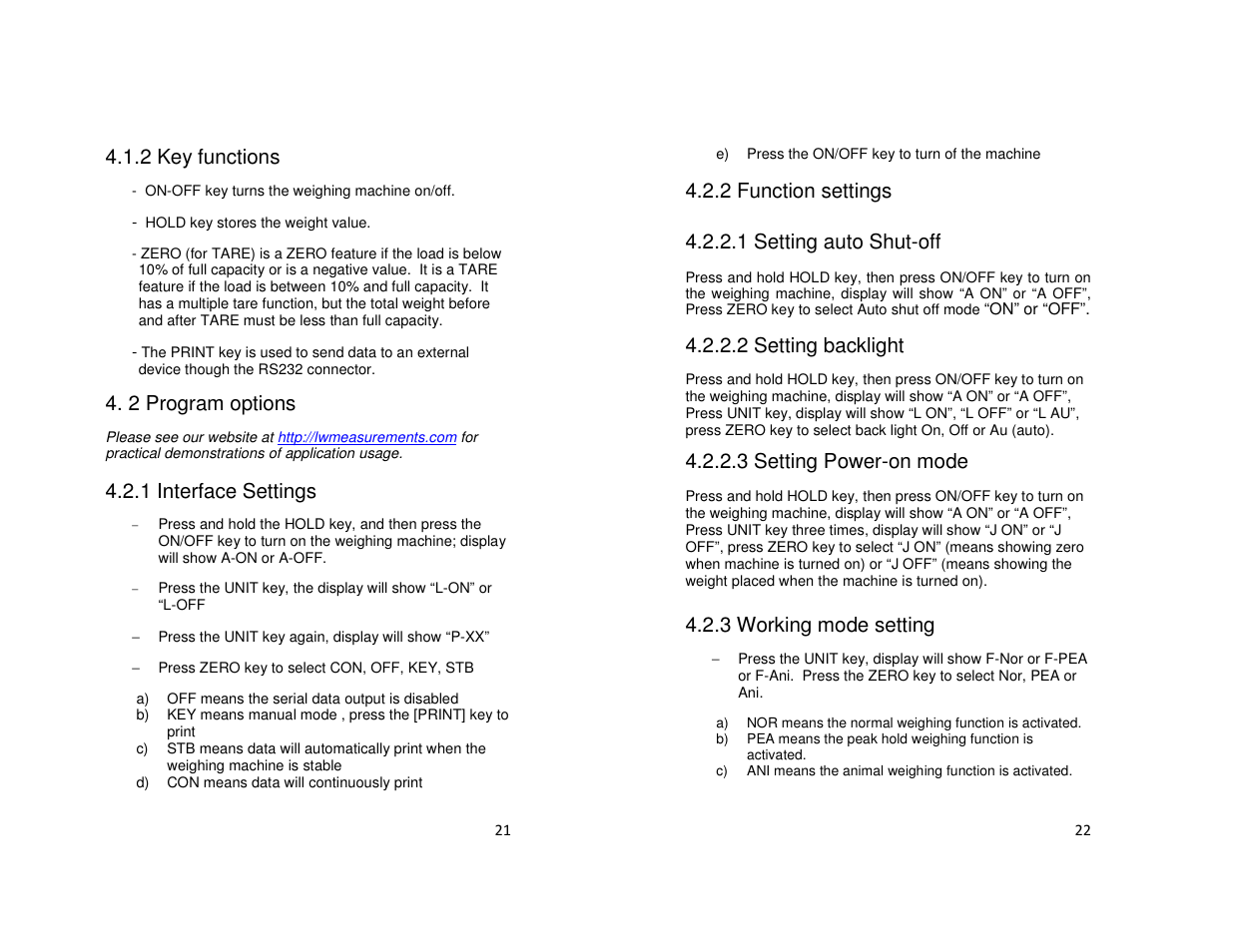 2 key functions, 2 program options, 1 interface settings | 2 function settings, 1 setting auto shut-off, 2 setting backlight, 3 setting power-on mode, 3 working mode setting | LW Measurements LBS Large Bench Scale User Manual | Page 11 / 14