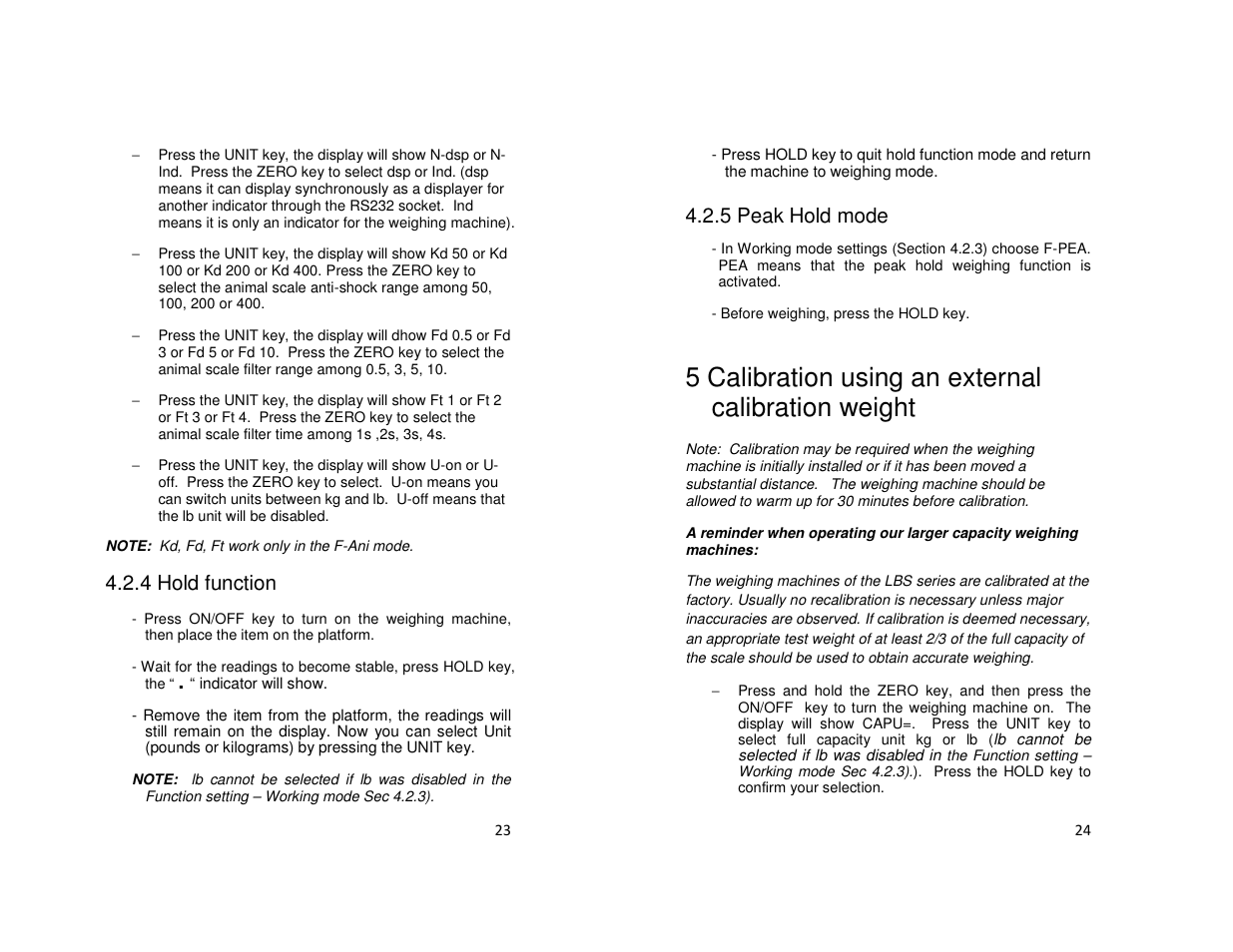 5 calibration using an external calibration weight, 4 hold function, 5 peak hold mode | LW Measurements LBS Large Bench Scale User Manual | Page 12 / 14