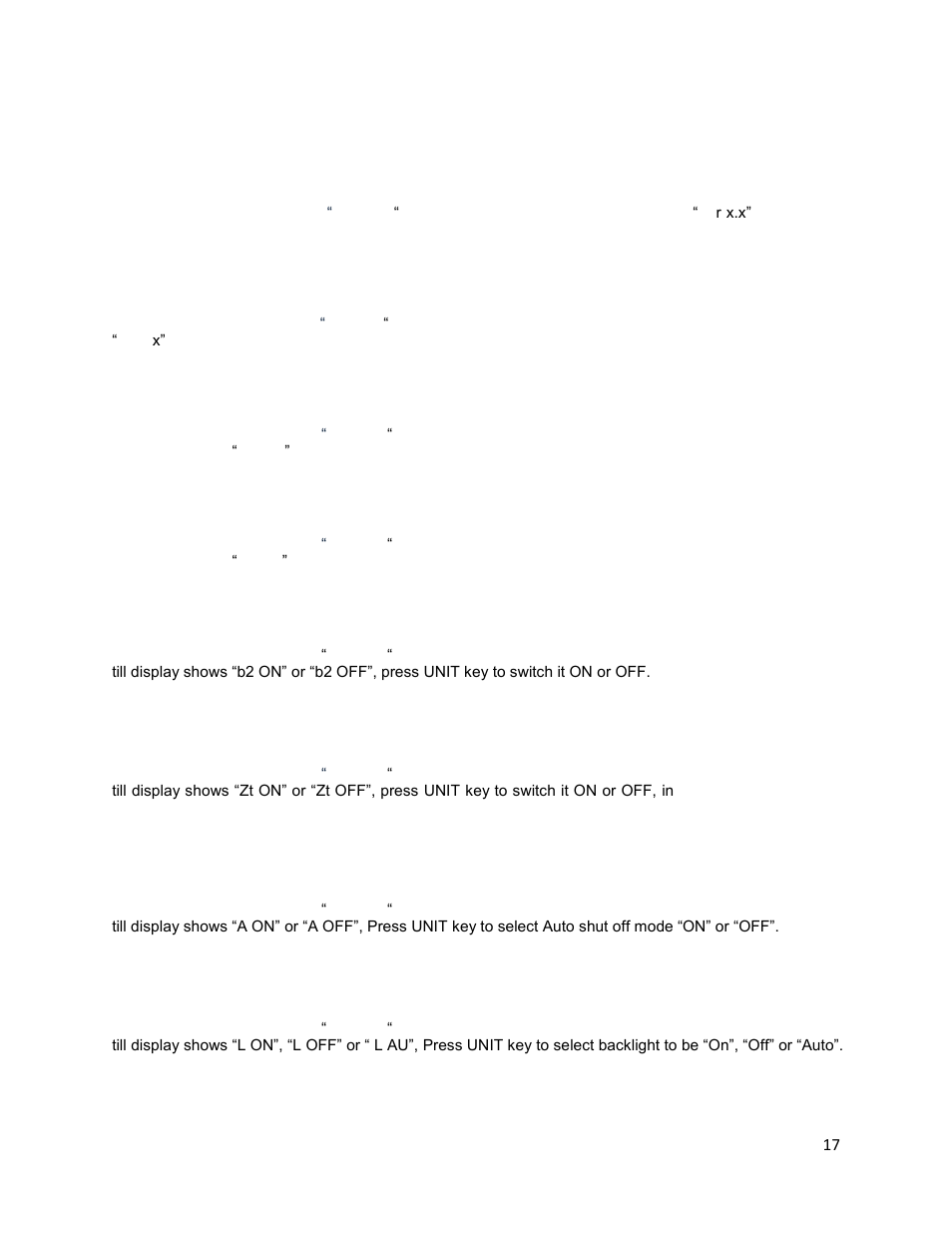 2 setting zero range of zero key, 3 setting zero range of tare key, 4 setting overload range | 5 setting beeper, 6 setting zero and tare function merge function, 7 setting auto shut off, 8 setting backlight | LW Measurements HRB 3002 User Manual | Page 17 / 21