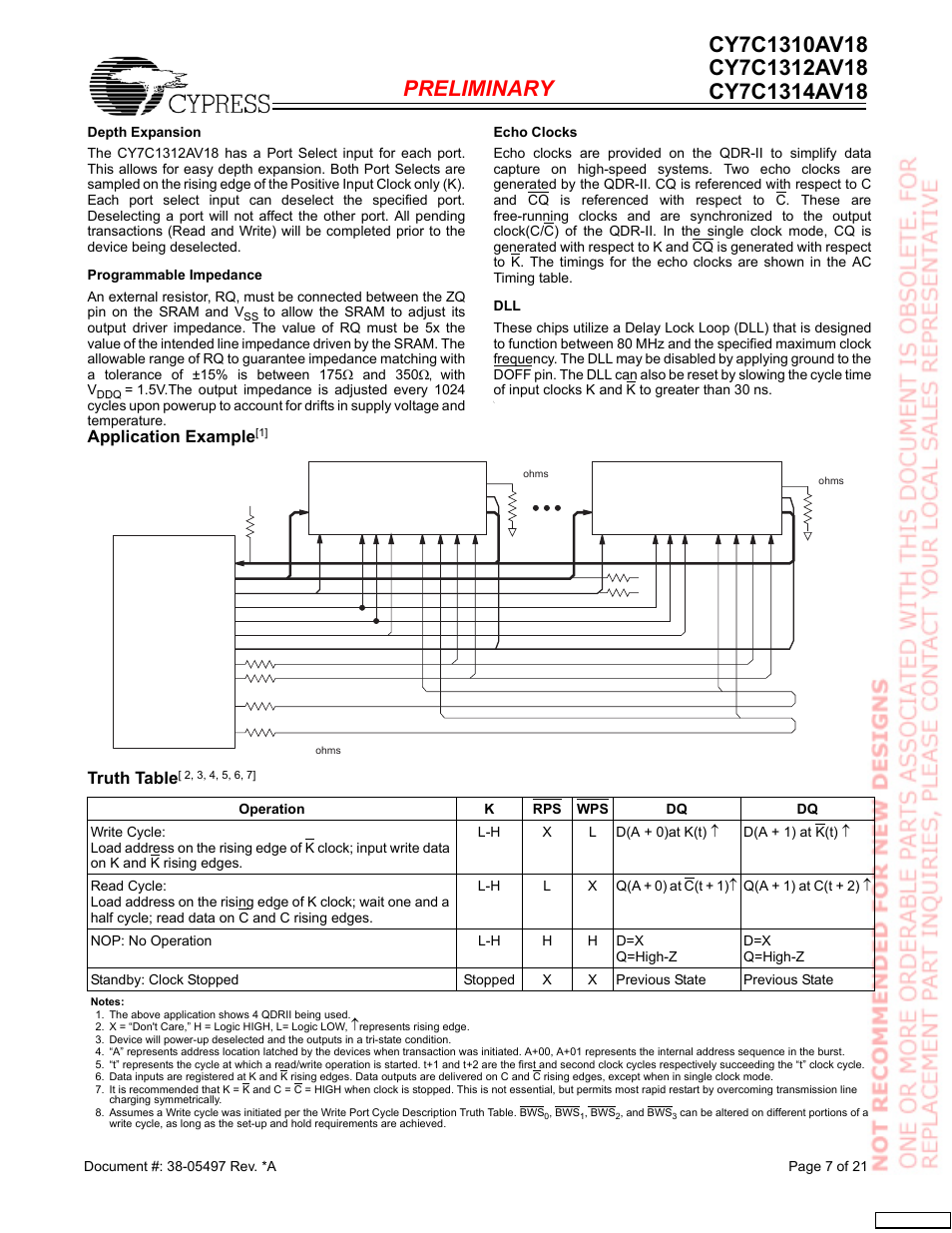 Application example, Truth table | Cypress CY7C1312AV18 User Manual | Page 7 / 21