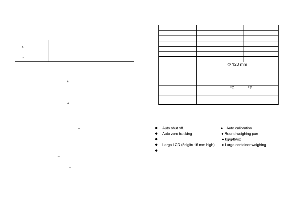Safety precautions, Specifications, Features | LW Measurements RKS 10,000 Round Kitchen Scale User Manual | Page 2 / 4
