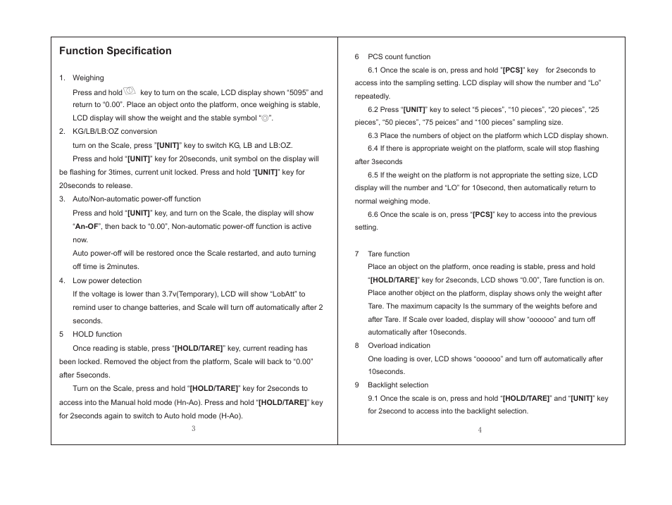 Sms023-4.pdf, Function specification | LW Measurements CSS 440 Small Shipping Scale User Manual | Page 2 / 4