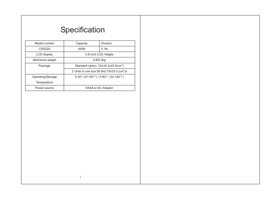 Sms027.pdf, Specification | LW Measurements CSS 440 Small Shipping Scale User Manual | Page 4 / 4