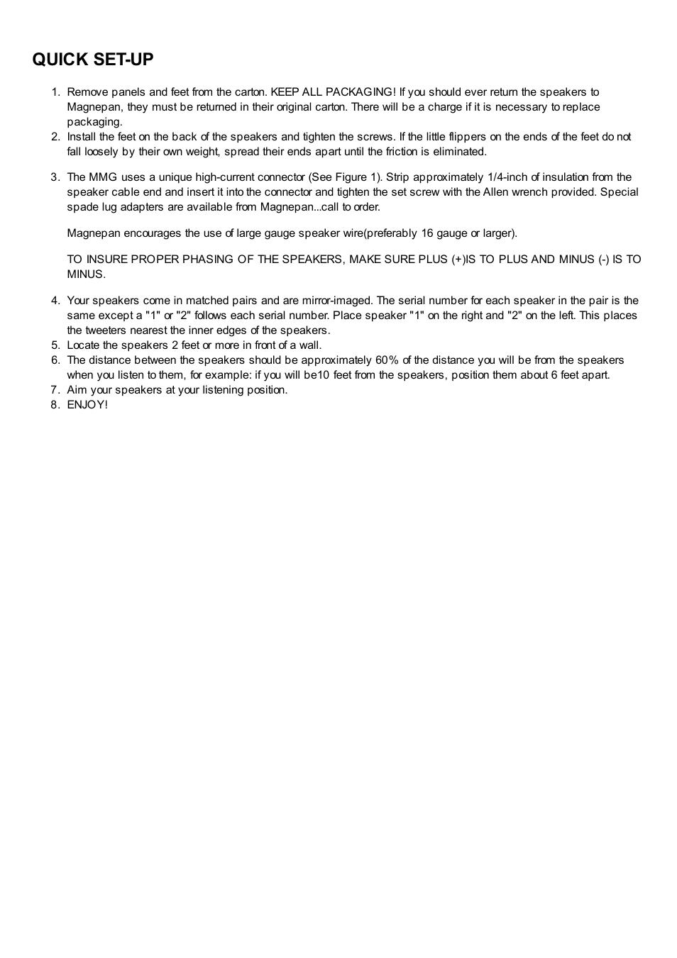 Quick set-up | Magnepan MMG User Manual | Page 2 / 6