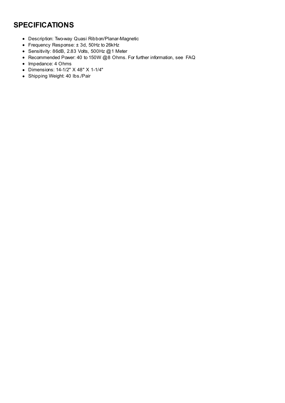 Specifications | Magnepan MMG User Manual | Page 6 / 6