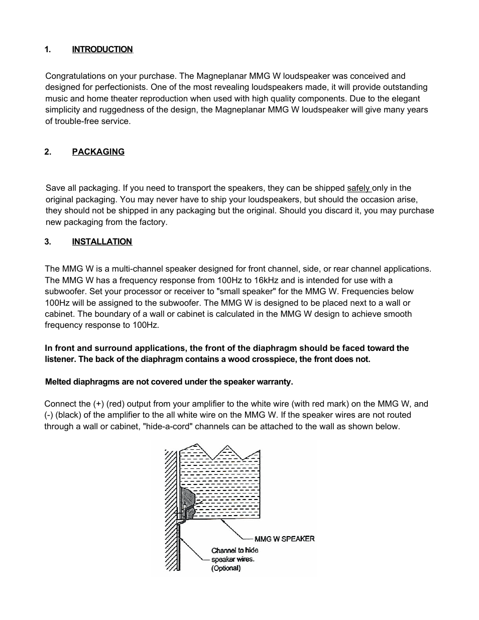 Introduction, Packaging, Installation | Magnepan MMG W User Manual | Page 2 / 7