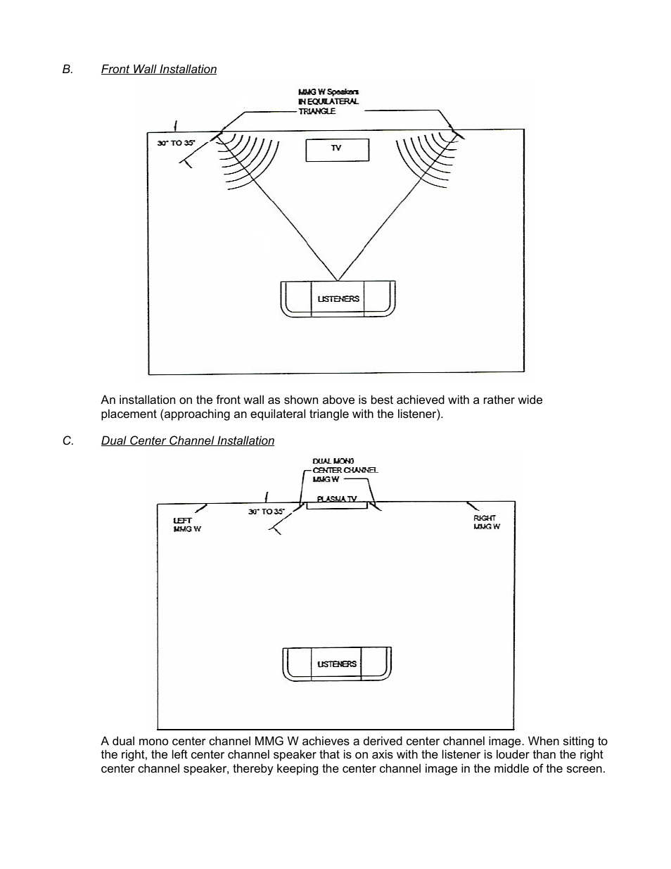 B. front wall installation, C. dual center channel installation | Magnepan MMG W User Manual | Page 5 / 7