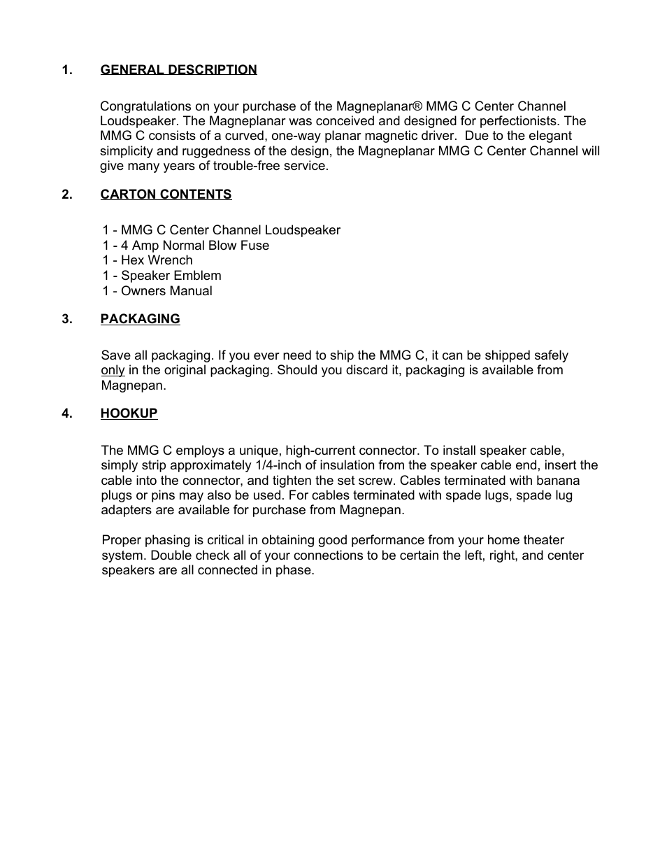 General description, Carton contents, Packaging | Hookup | Magnepan MMG C User Manual | Page 2 / 6