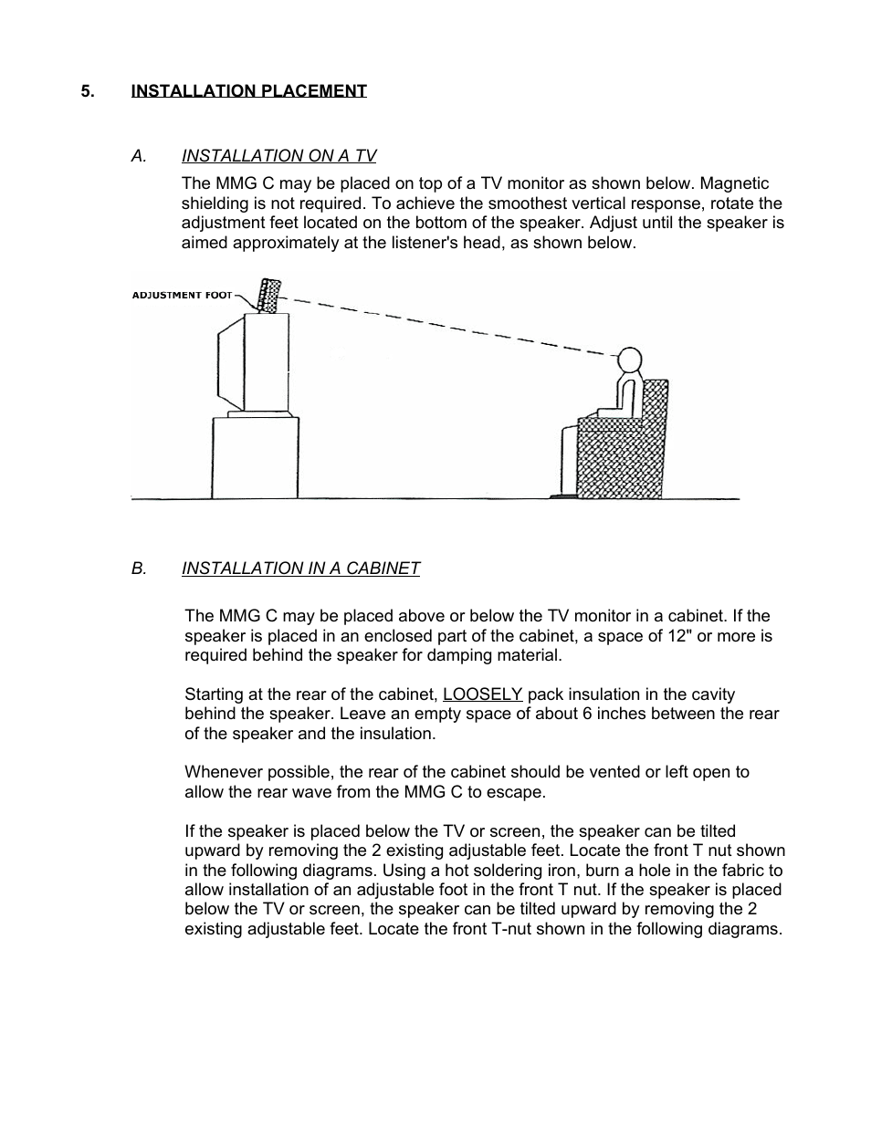 Installation placement, A. installation on a tv, B. installation in a cabinet | Magnepan MMG C User Manual | Page 3 / 6