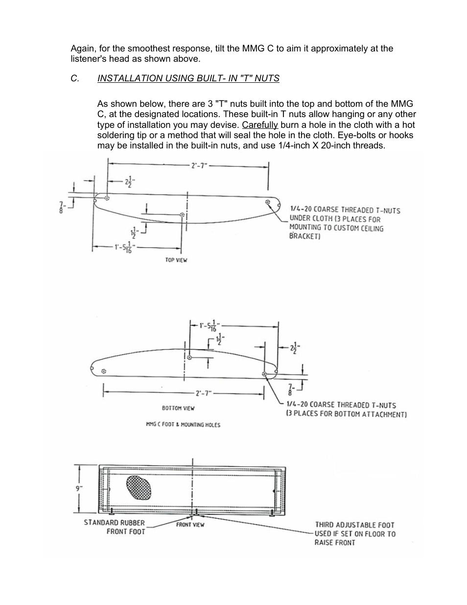 C. installation using built- in "t" nuts | Magnepan MMG C User Manual | Page 4 / 6