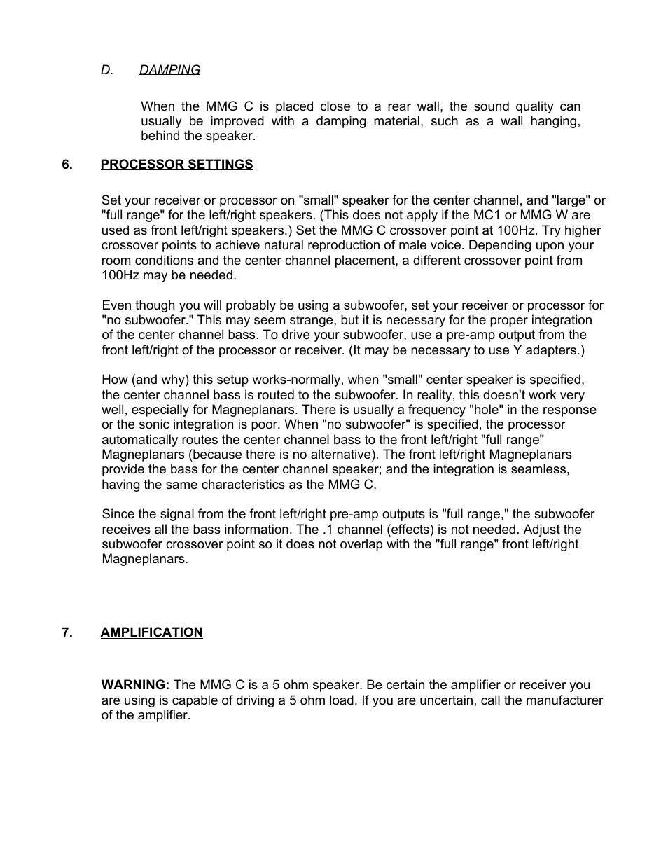 D. damping, Processor settings, Amplification | Magnepan MMG C User Manual | Page 5 / 6