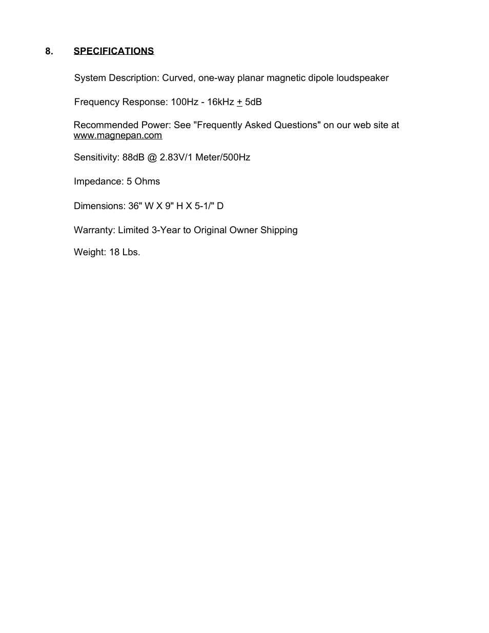 Specifications | Magnepan MMG C User Manual | Page 6 / 6