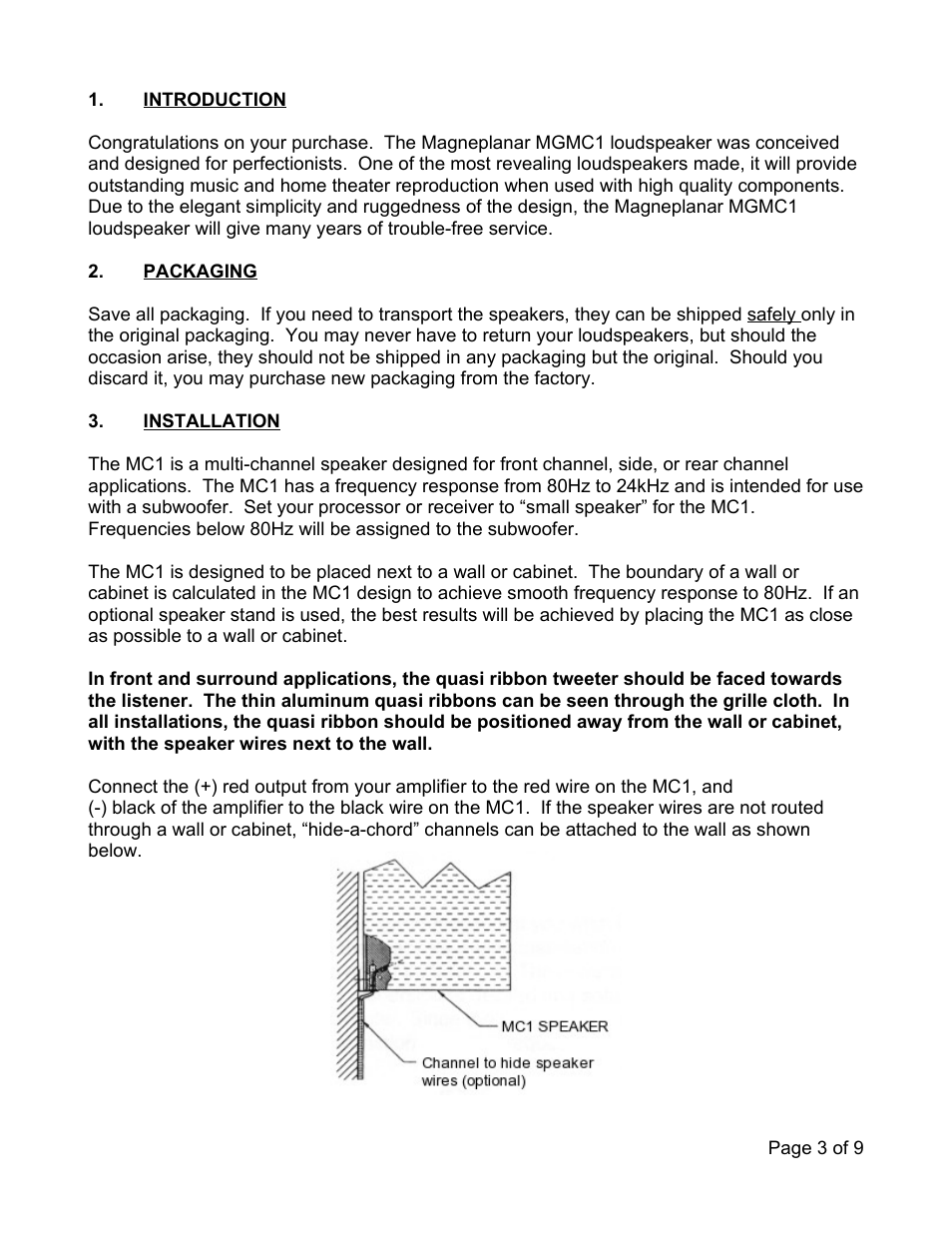 Packaging, Installation | Magnepan MC1 User Manual | Page 3 / 9