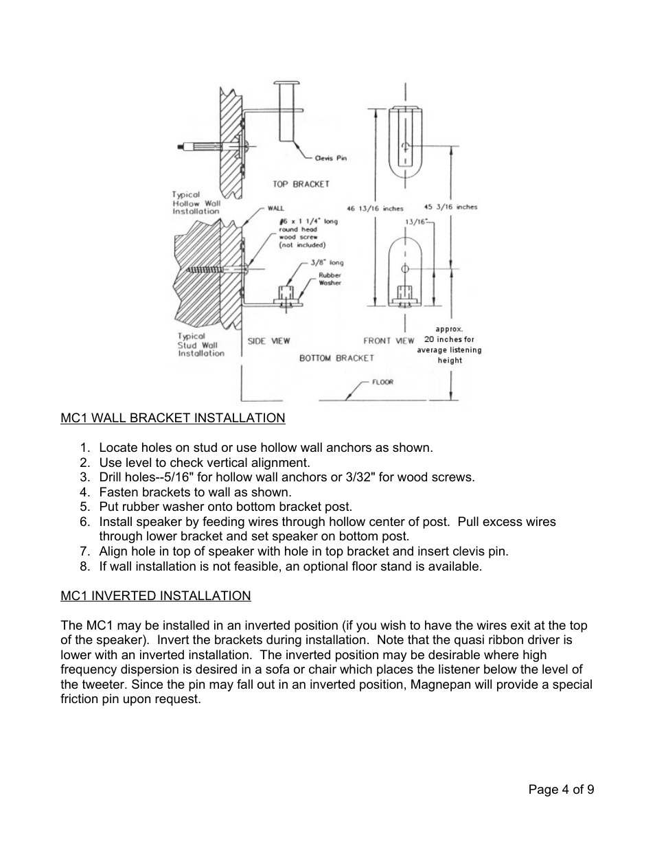 Mc1 wall bracket installation, Mc1 inverted installation | Magnepan MC1 User Manual | Page 4 / 9