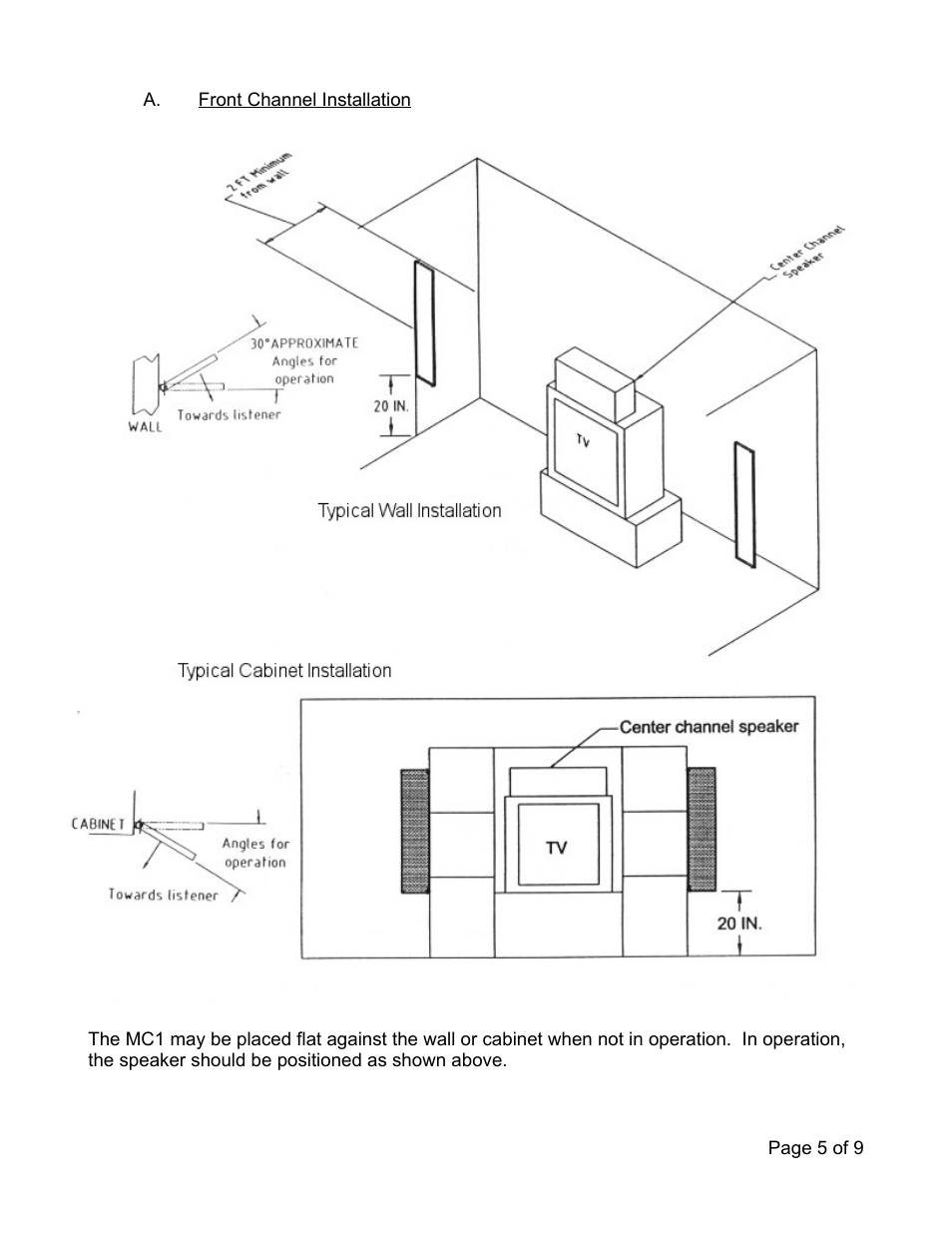 A. front channel installation | Magnepan MC1 User Manual | Page 5 / 9