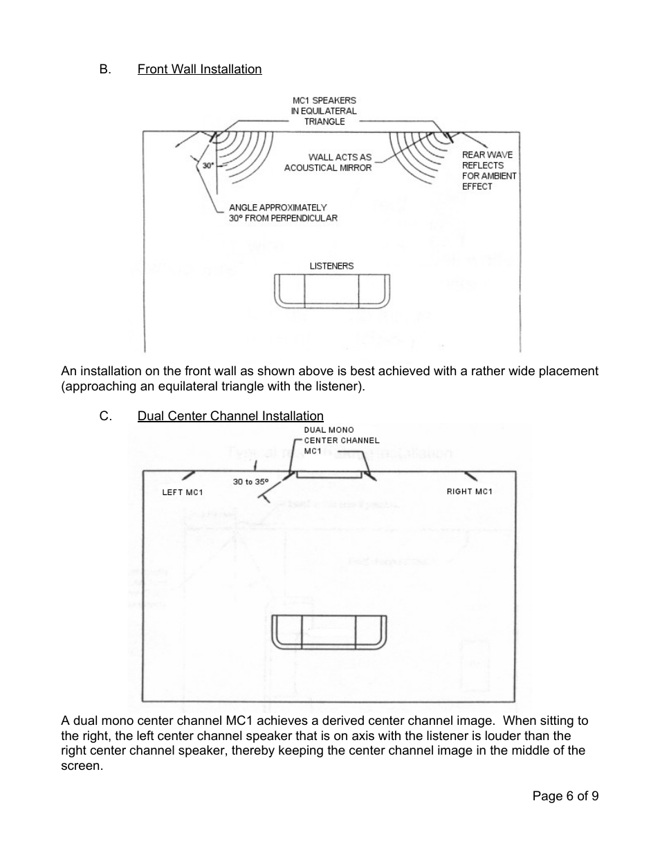 B. front wall installation, C. dual center channel installation | Magnepan MC1 User Manual | Page 6 / 9