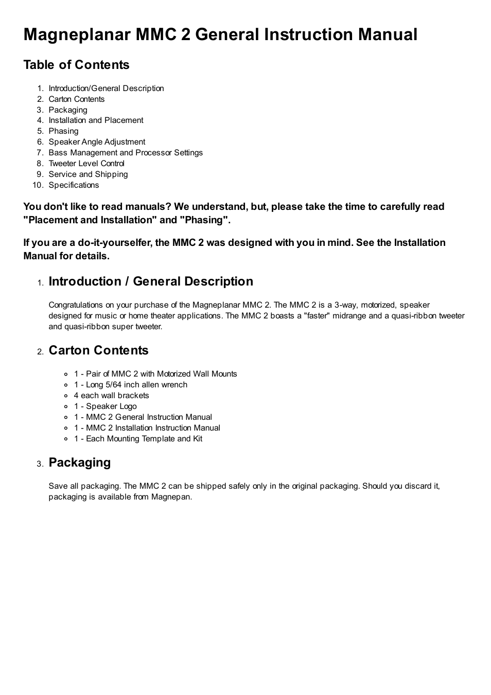 Magnepan MMC 2 User Manual | 6 pages