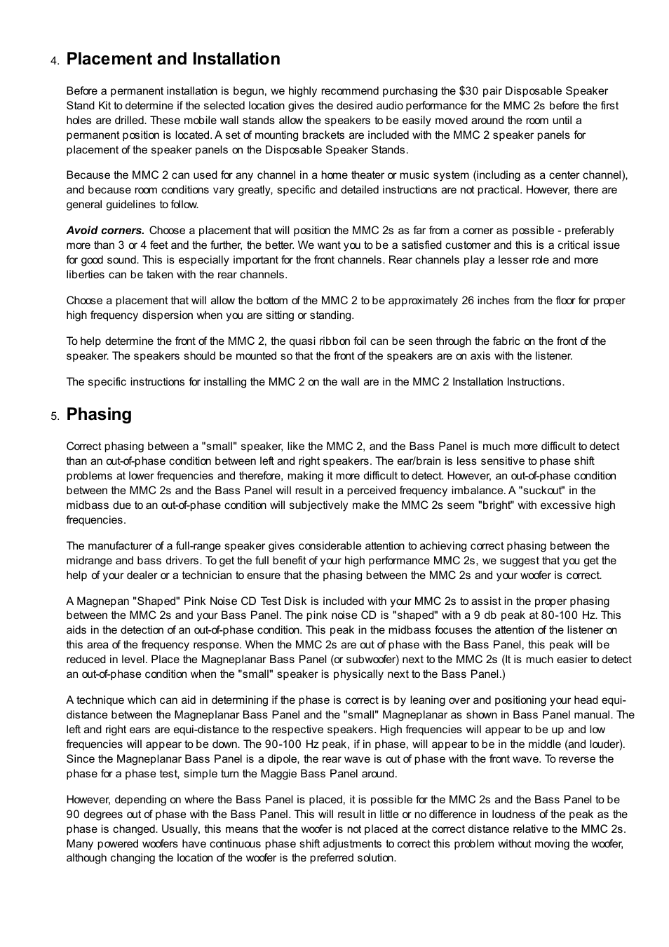 Placement and installation, Phasing | Magnepan MMC 2 User Manual | Page 2 / 6